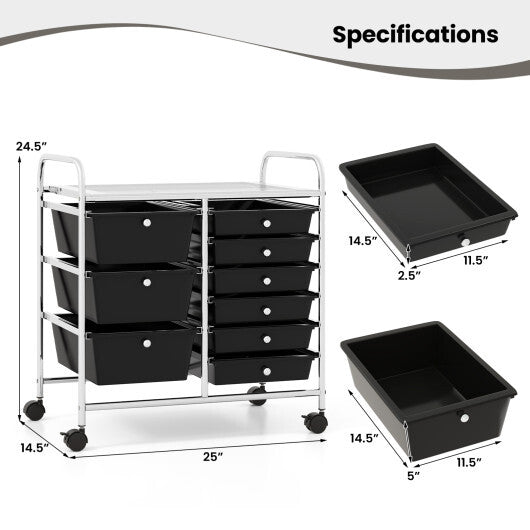 Costway 9-Drawer Rolling Storage Cart with Colorful Drawers and Metal Frame-Black W2B