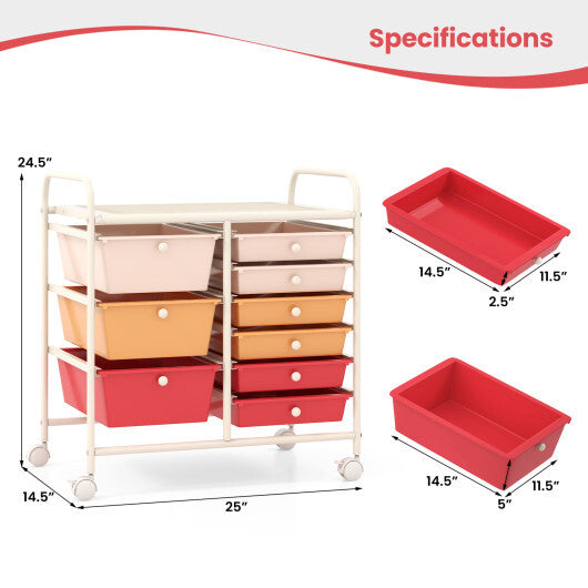 Costway 9-Drawer Rolling Storage Cart with Colorful Drawers and Metal Frame-Macaron W2B