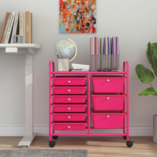 Costway 9-Drawer Rolling Storage Cart with Colorful Drawers and Metal Frame-Light Pink W2B