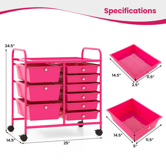 Costway 9-Drawer Rolling Storage Cart with Colorful Drawers and Metal Frame-Light Pink