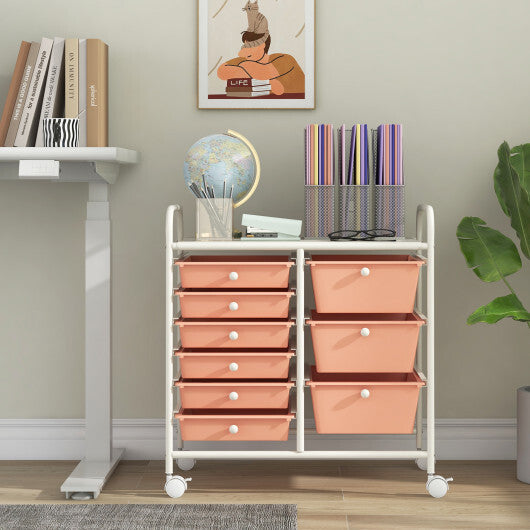 Costway 9-Drawer Rolling Storage Cart with Colorful Drawers and Metal Frame-Peach