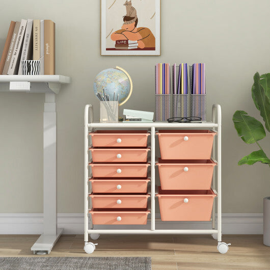Costway 9-Drawer Rolling Storage Cart with Colorful Drawers and Metal Frame-Peach W2B