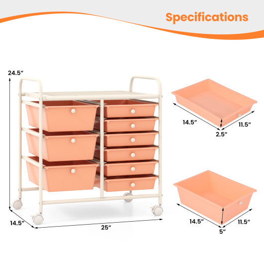Costway 9-Drawer Rolling Storage Cart with Colorful Drawers and Metal Frame-Peach