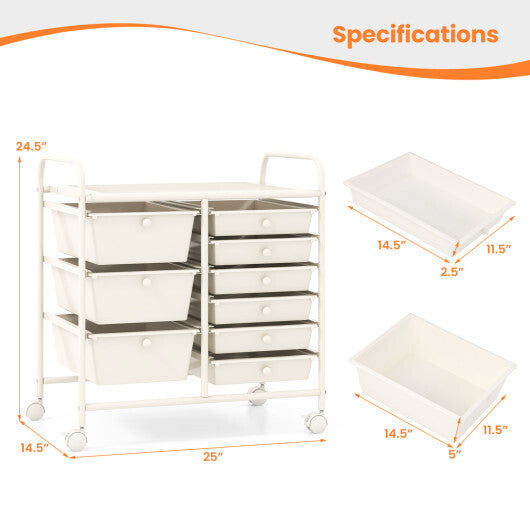 Costway 9-Drawer Rolling Storage Cart with Colorful Drawers and Metal Frame-White W2B