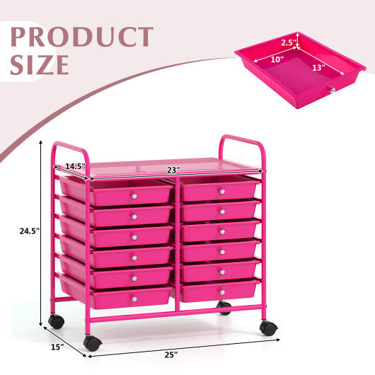 Costway 12 Drawers Rolling Storage Cart for Home and Office-Hot Pink