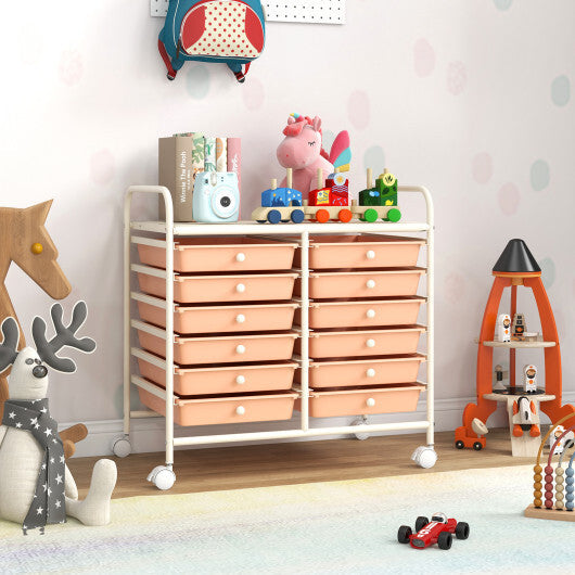 Costway 12 Drawers Rolling Storage Cart for Home and Office-Peach W2B