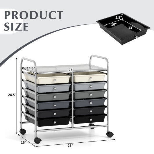 Costway 12 Drawers Rolling Storage Cart for Home and Office-Gradient Grey W2B