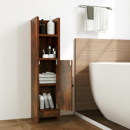 Costway Bathroom Slim Cabinet Corner with Door and Adjustable Shelf-Rustic Brown