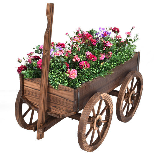Costway Wood Wagon Planter Pot Stand with Wheels W2B