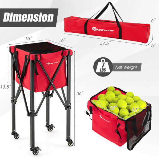 Costway Lightweight Foldable Tennis Ball Teaching Cart with Wheels and Removable Bag-Red W2B