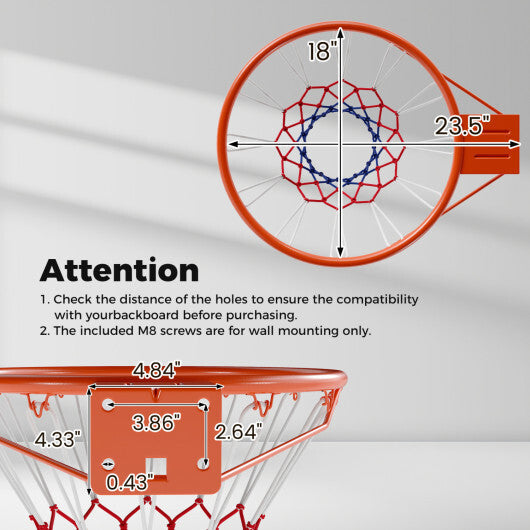 Costway 18" Basketball Rim Heavy Duty Wall Mounted Basketball Rim Goal Replacement-Orange W2B