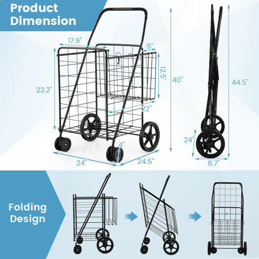 Costway Folding Shopping Cart Jumbo Basket Grocery Laundry with Swivel Wheels Black W2B