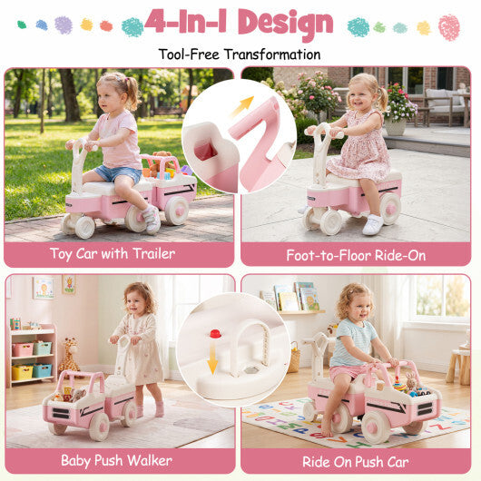 Costway 4 in 1 Ride on Push Car with Music and Under-Seat Storage for Boys Girls-Pink W2B
