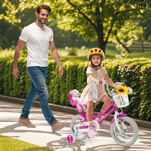 Costway Kids Bike 14 Inch with Training Wheels and 2 Brake System for 3-5 Years Old Rose Red