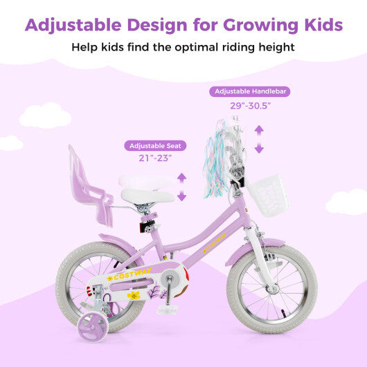 Costway 14 Inch Girls Bike Kids Bicycle with Doll Seat and Streamers for Children 3-5 Years Old Purple