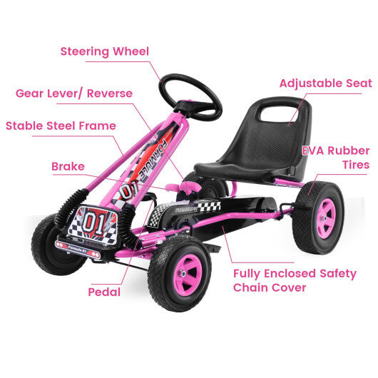Costway Honeyjoy Go Kart 4 Wheel Pedal Powered Kids Ride On Toy with Adjustable Seat Pink