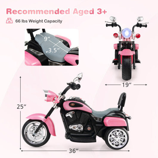 Costway 6V Kids Ride On Chopper Motorcycle 3 Wheel Trike with Headlight and Horn Pink W2B