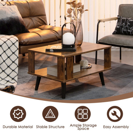 Costway Compact Retro Mid-Century Coffee Table with Storage Open Shelf-Rustic Brown W2B