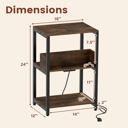 Costway Side End Table with Charging Station and Open Shelves-Rustic Brown W2B