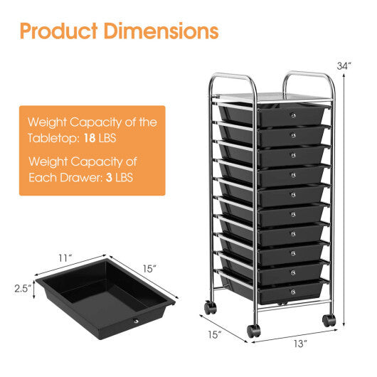 Costway 10 Drawer Rolling Storage Cart Organizer with 4 Universal Casters-Black W2B