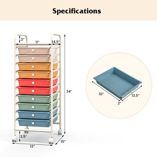 Costway 10 Drawer Rolling Storage Cart Organizer with 4 Universal Casters-Macaron Multicolor W2B