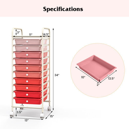 Costway 10 Drawer Rolling Storage Cart Organizer with 4 Universal Casters-Gradient Pink W2B