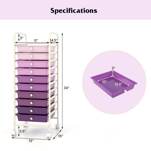 Costway 10 Drawer Rolling Storage Cart Organizer with 4 Universal Casters-Purple W2B