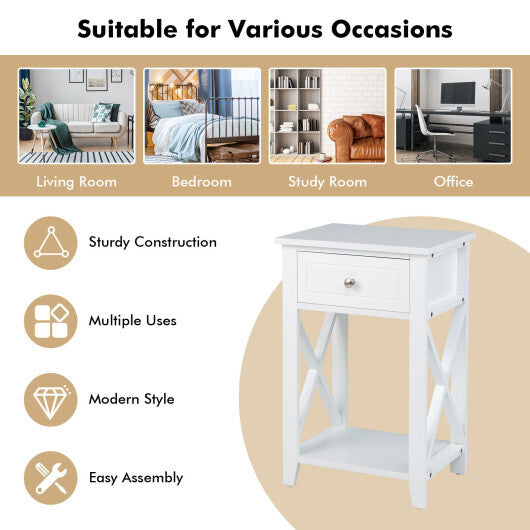 Costway Storage End Bedside Drawer Nightstand w/ Bottom Shelf-White W2B
