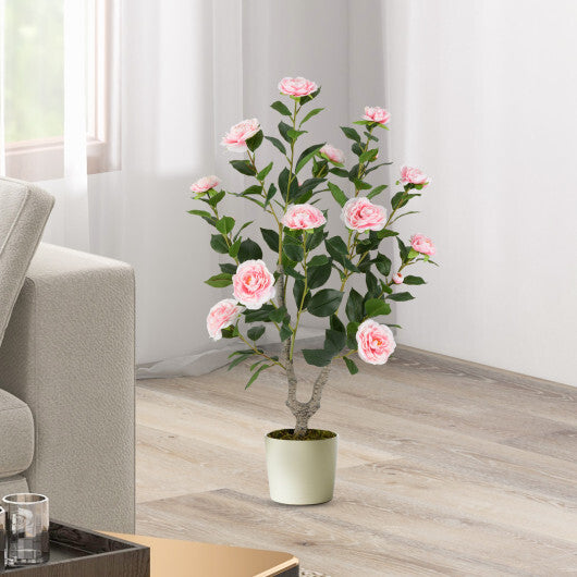 Costway 36 Inch Artificial Camellia Tree with Blooming Flower 2 Pack-Pink W2B