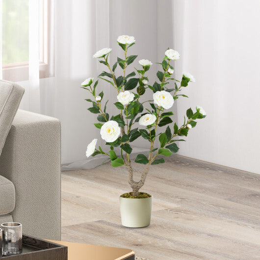 Costway 36 Inch Artificial Camellia Tree with Blooming Flower 1 Pack-White W2B