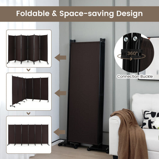 Costway 6 Panel 5.7 Feet Tall Rolling Room Divider on Wheels-Brown W2B