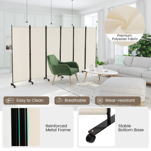 Costway 6 Panel 5.7 Feet Tall Rolling Room Divider on Wheels-White W2B