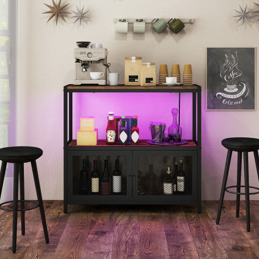 Costway Industrial Coffee Bar Cabinet with LED Lights and Charging Station-Rustic Brown W2B