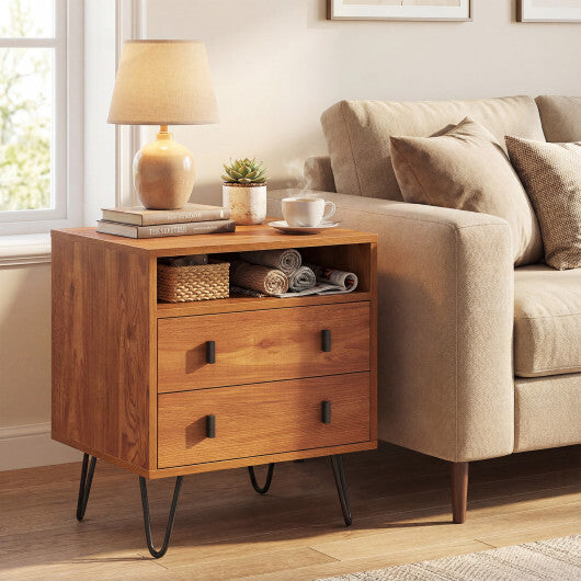 Costway Mid Century Modern 2-Drawer Nightstand with Storage Compartment-Walnut W2B
