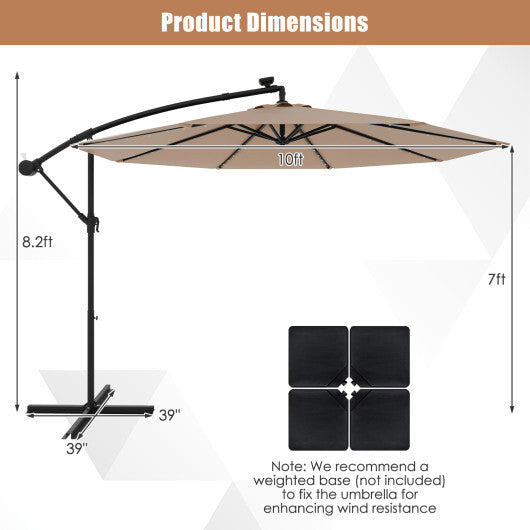 Costway 10 Feet Solar Offset Hanging Umbrella with 40 Lamp Beads and Solar Panel-Tan W2B
