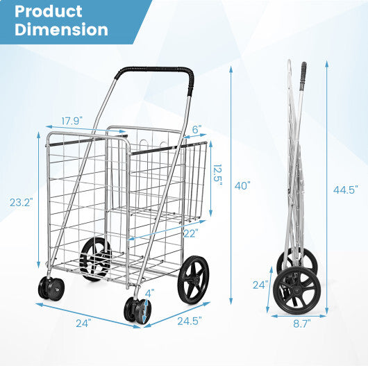 Costway Folding Shopping Cart for Laundry with Swiveling Wheels and Dual Storage Baskets-Sliver W2B