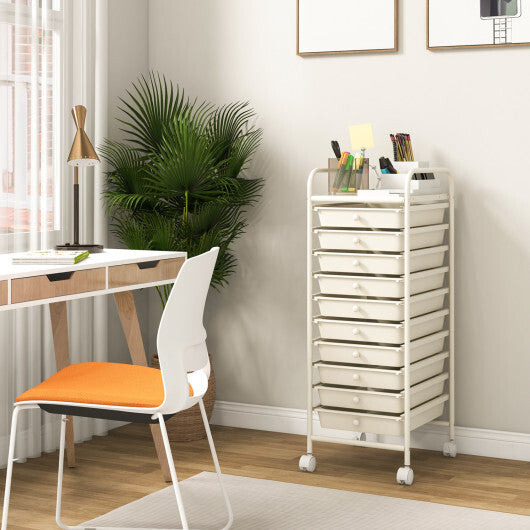 Costway 10 Drawer Rolling Storage Cart Organizer with 4 Universal Casters-White W2B