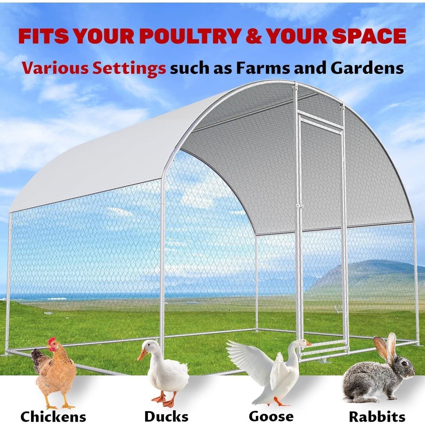 9.8 Ft x 6.6 Ft Outdoor Metal Chicken Coop with Dome Roof and Waterproof Cover FastFurnishings