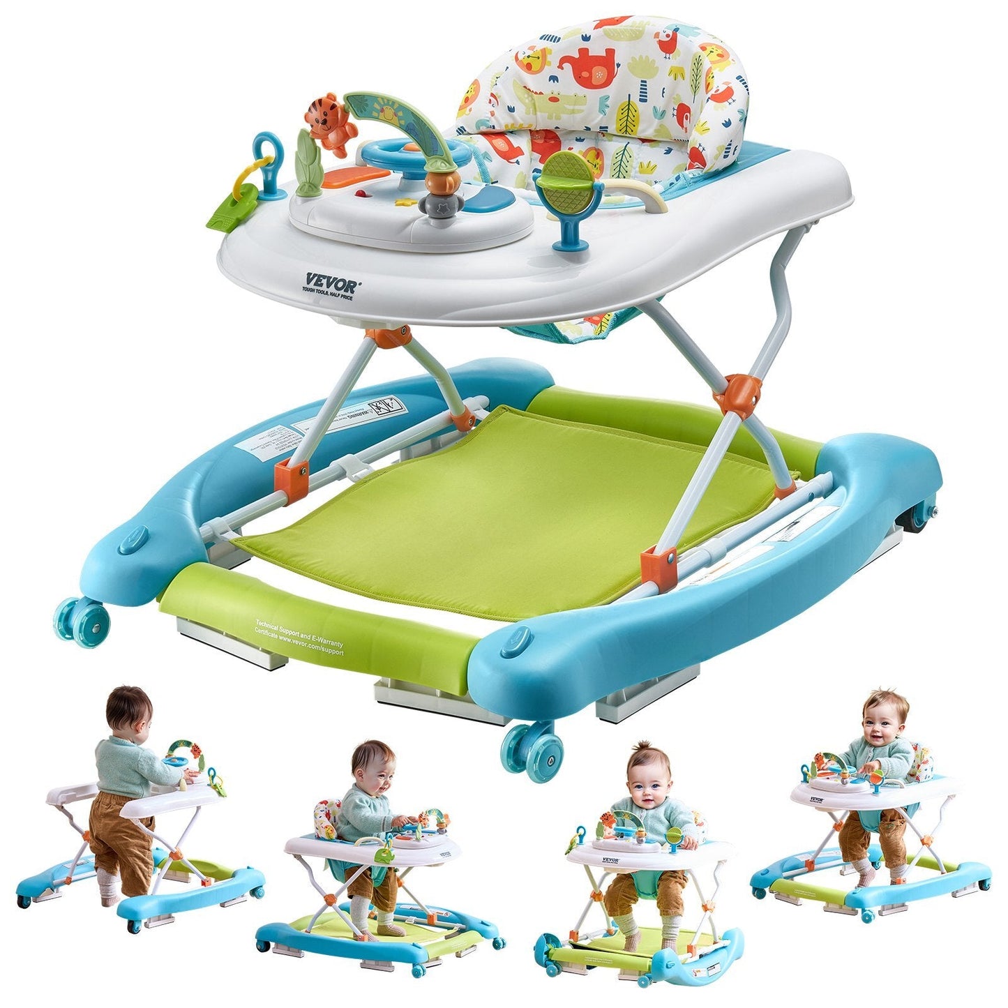 4-in-1 Baby Walker, Foldable Baby Activity Center on Wheels, 3 Adjustable Height, Music & Toys Tray, Learning-Seated | Walk-Behind | Rocker | Bouncer Toddler Walker for Girls Boys 6-24 Months W2B