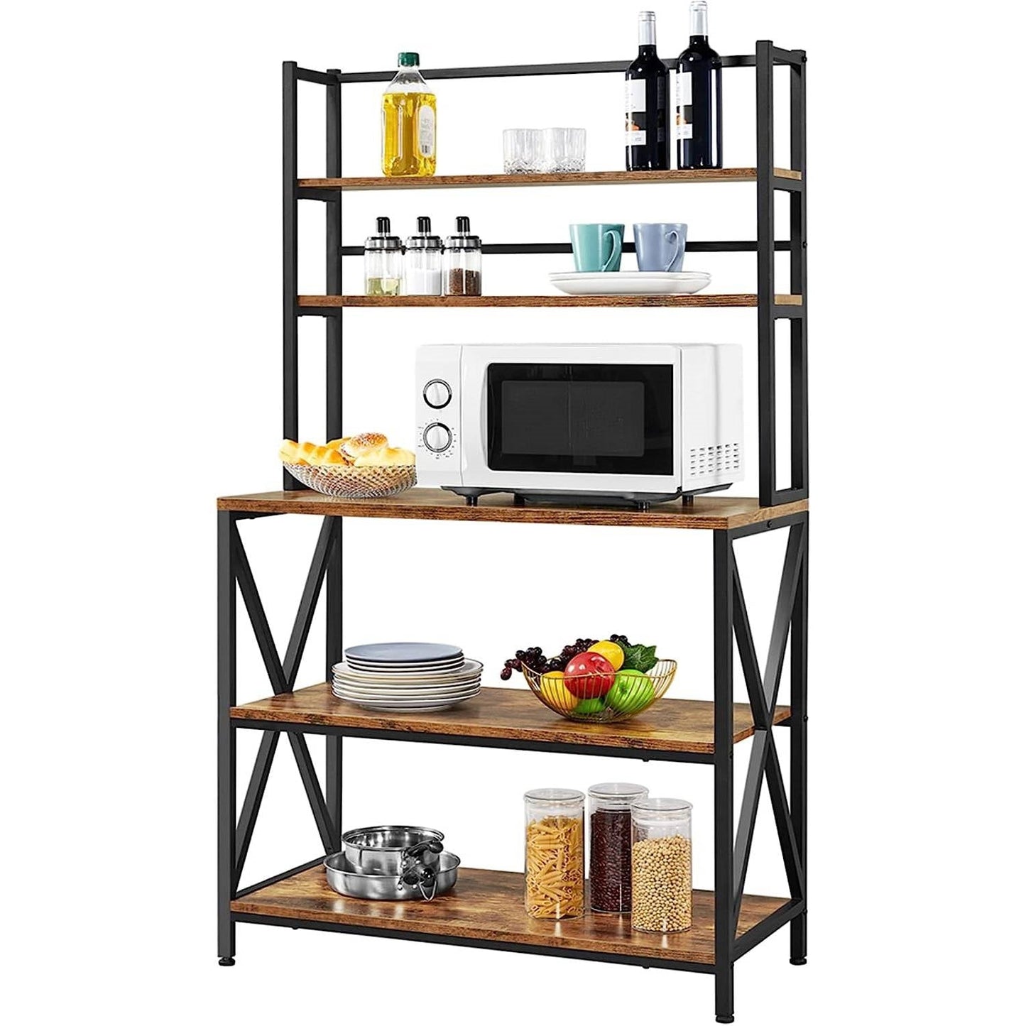 Modern Industrial Metal Wood Bakers Rack Kitchen Storage Shelf FastFurnishings