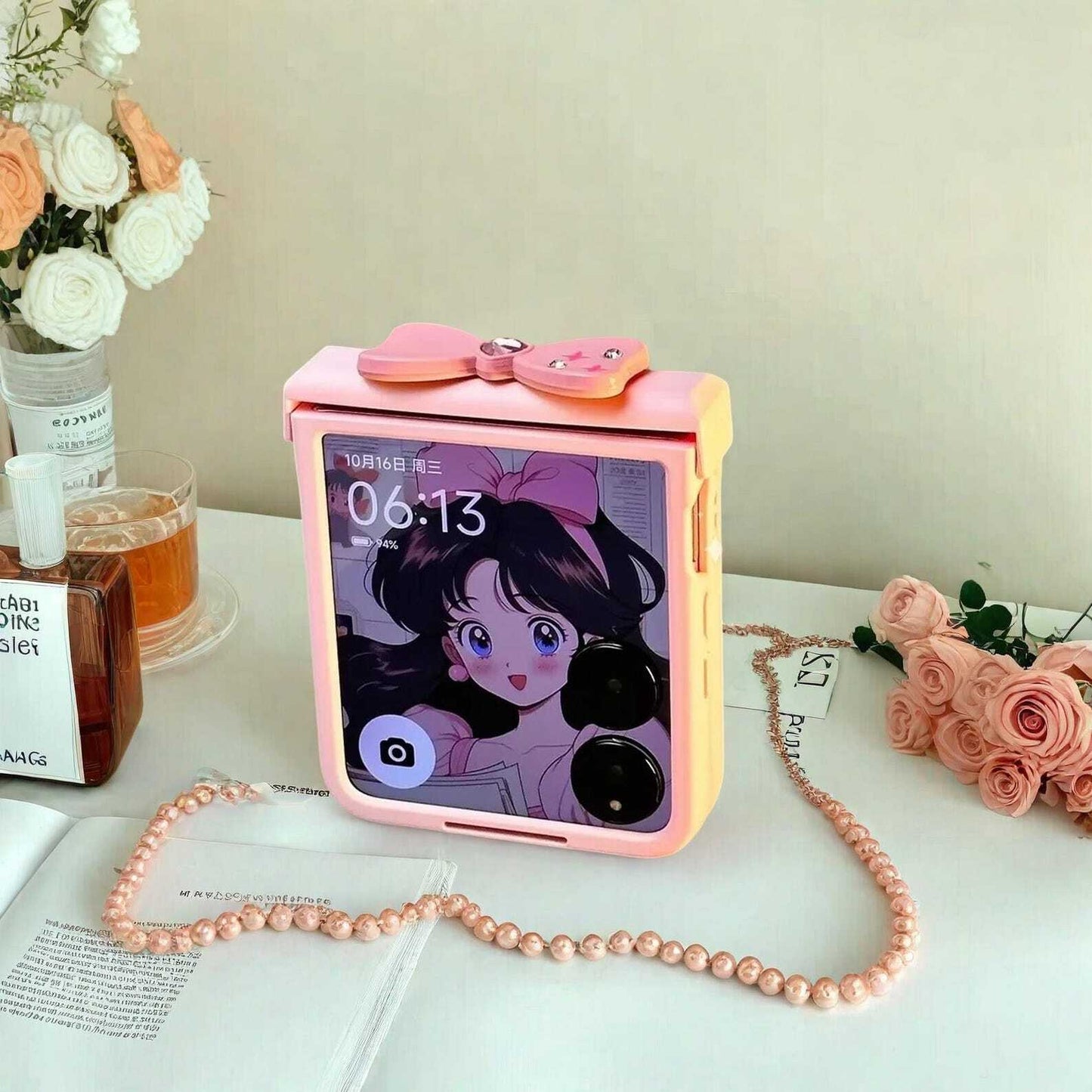Cute Bow Hand Bracelet Hinge Case for Xiaomi MIX Flip - Stylish Protective Cover with Secure Chain Grip for MIX Flip Phones W2B