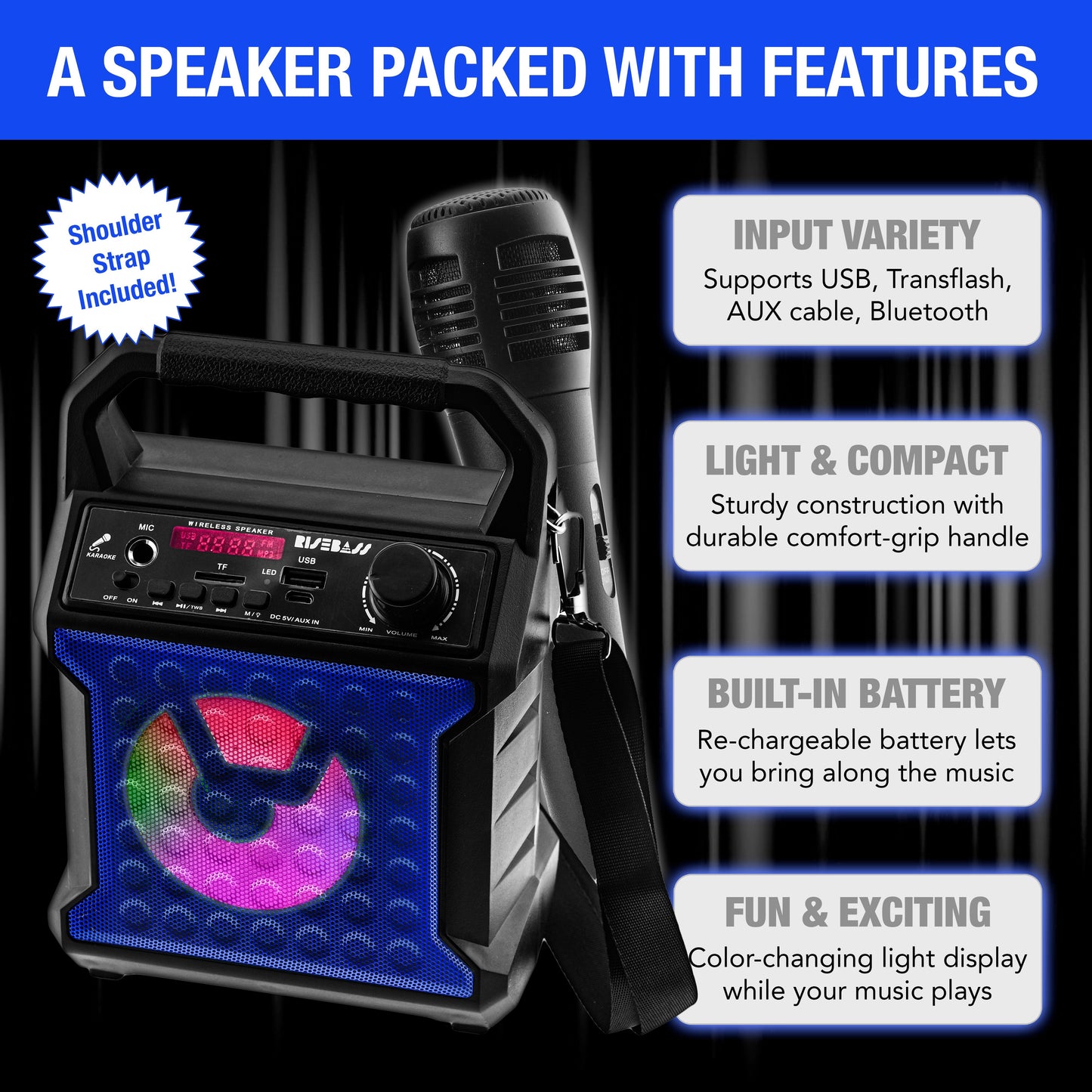 Risebass Portable Karaoke Machine with Microphone - Home Karaoke System with Party Lights for Kids and Adults - Rechargeable USB Speaker Set with FM Radio, SD/TF Card Support, and AUX-in LuxuryLifeWay Online Store