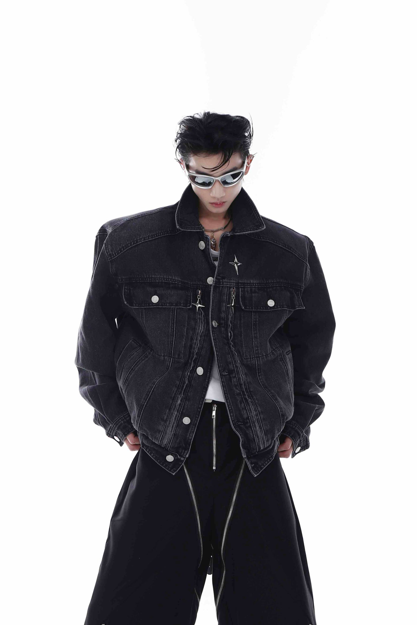 Heavy Washed Padded Shoulder Denim Coat Metal Zipper Jacket Accent Plus