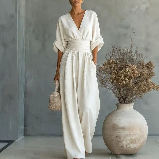 Summer Short-sleeved Jumpsuit Fashion Casual V-Neck Wide-Leg Pants Womens Clothing LadyShow.Store