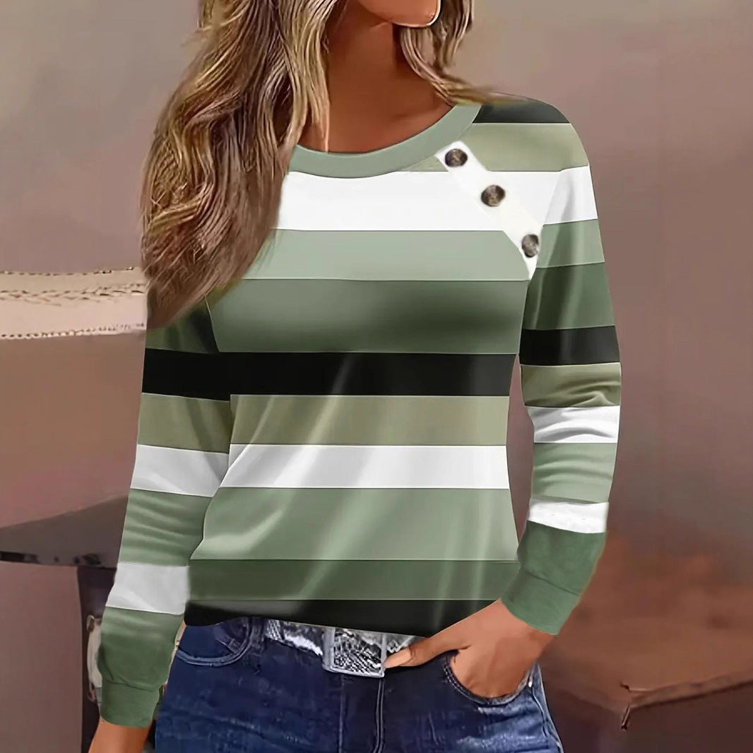 Casual Button Striped Long Sleeve Women's T-shirt Best YouTube Store