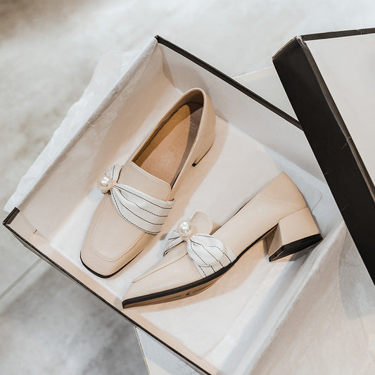 Women's High Heel Leather Shoes British Style Loafers Thick Heel Single Shoes Women LadyShow.Store