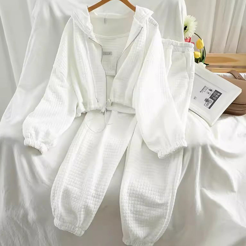 Japanese Korean Casual Hooded Cardigan Set - Zipper Sports Three Piece Suit (Black, Gray, White) LadyShow.Store