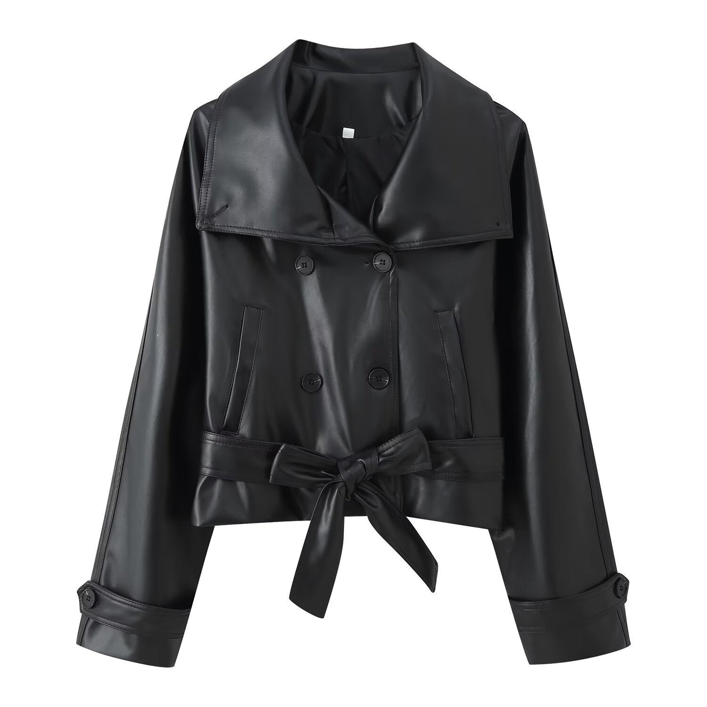 Trendy Wild Two-color Double Breasted Short Lace Up Leather Coat LadyShow.Store