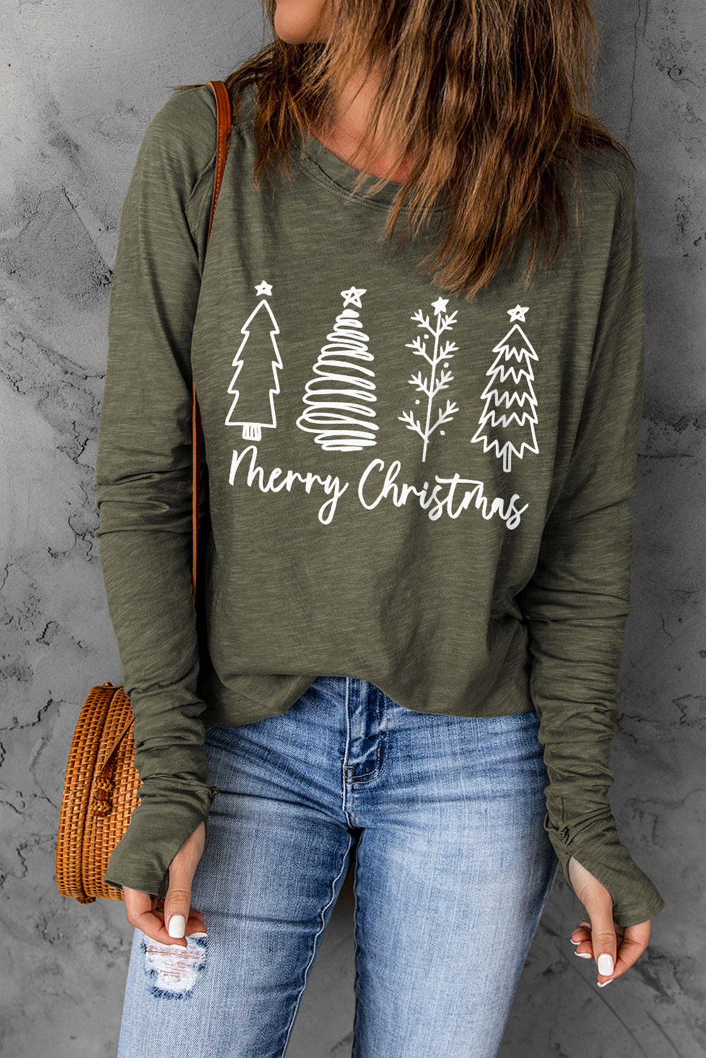 Thea Merry Christmas Trees Thumbhole Sleeve Graphic Tee Threaded Pear
