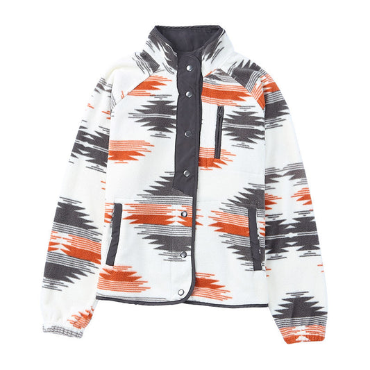 Winter Women's Printed Cardigan Jacket Fashion Color Contrast Fleece Coat Accent Plus